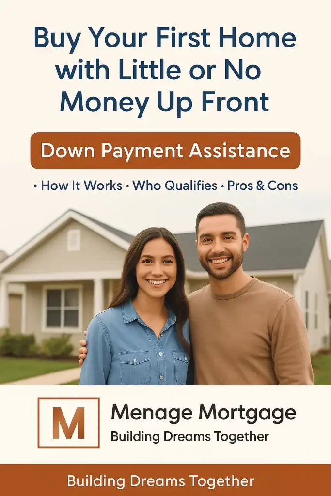 Smiling first-time homebuyer couple standing in front of their new home with Menage Mortgage branding and down payment assistance message.