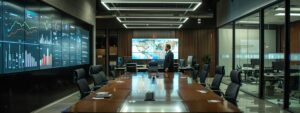 a sleek, modern office setting showcases a confident financial advisor engaging with clients over a polished conference table, surrounded by dynamic digital displays highlighting today's competitive mortgage rates in bold, vibrant graphics.