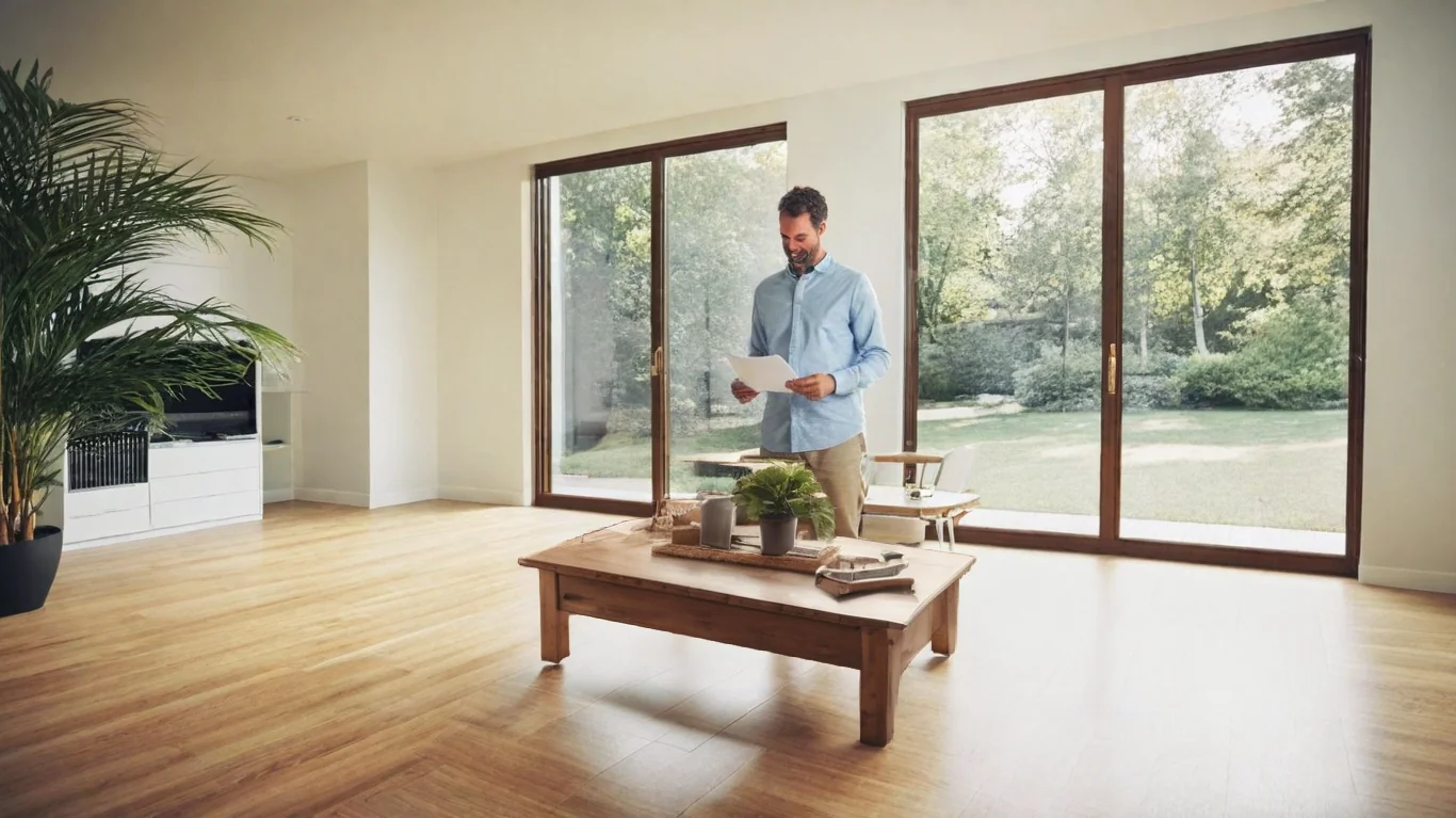 A self-employed homeowner reviewing documents in a bright living room